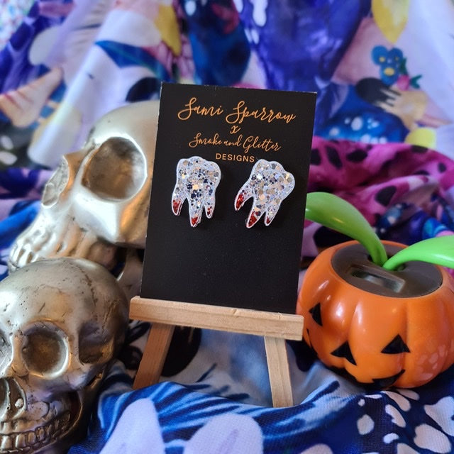 Teeth studs - Silver and Red - Smoke and Glitter Design Collaboration