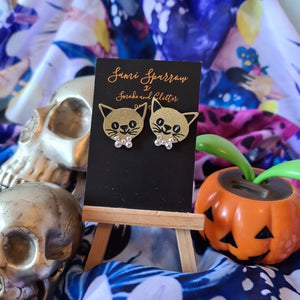 LIMITED EDITION Kitty Studs - Old Gold with Swarovski Crystal Bow Tie - Smoke and Glitter Design Collaboration